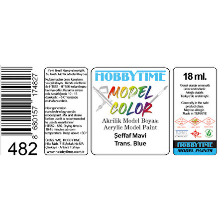 Hobbytime 482 18 ml. Şeffaf Mavi (Trans.Blue), Akrilik Model Boyası
