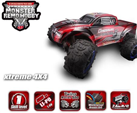 Remo 8032 1/8 Elektrikli 4WD Off Road Monster Truck (Dinosaurs Master) Kırmızı Kaportalı, Fırçalı Çift Motorlu, 7.4V 4200Mah Li