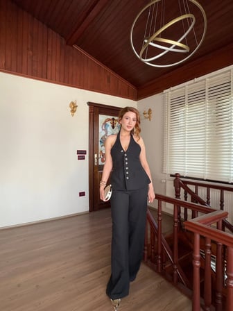 Düğme Detaylı Keten Yelek Pantolon Takım
