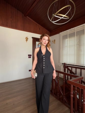 Düğme Detaylı Keten Yelek Pantolon Takım