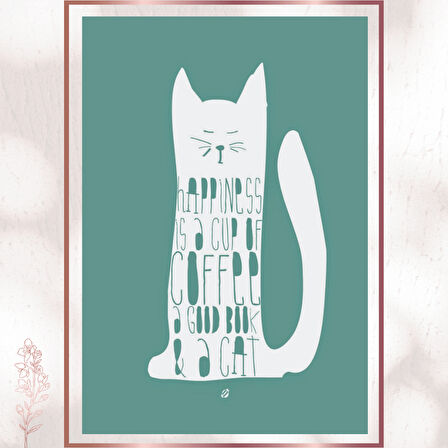 Kahve, Kitap ve Kedi - Minimalist Mutluluk Posteri
