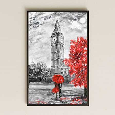 Big Ben ve Kırmızı Şemsiyeli Aşk UV Baskı Tablo