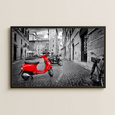 Kırmızı Vespa ve Taş Sokak UV Baskı Tablo