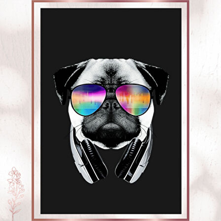DJ Pug - Kulaklıklı Renkli Neon Köpek Poster