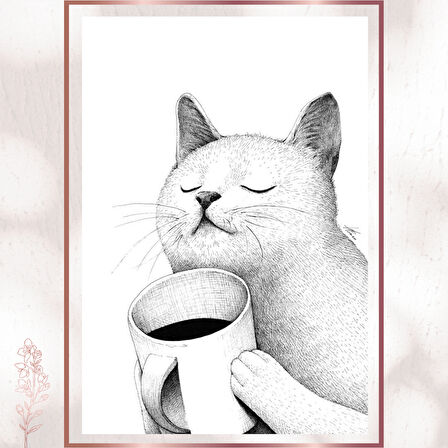 Kahve Keyfi Yapan Kedi - Minimalist Huzur Poster