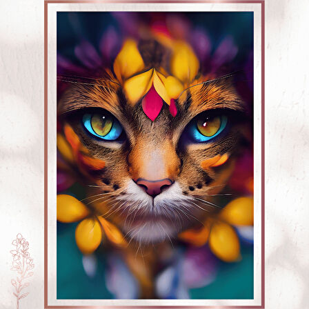 Çiçeklerle Süslenmiş Büyülü Kedi - Renkli Sanat Posteri