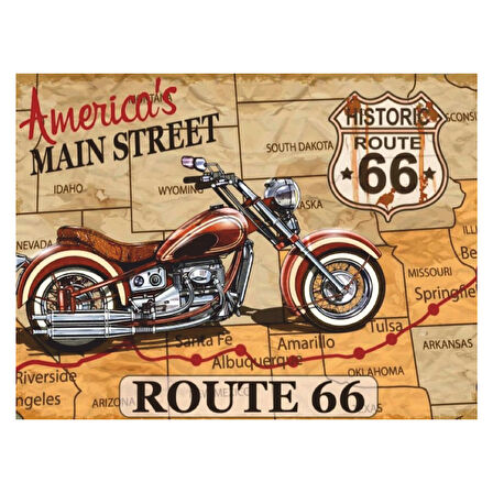 Route 66 Motosiklet Temalı Retro Ahşap Poster Tablo | Vintage Yol ve Gezi Dekoru
