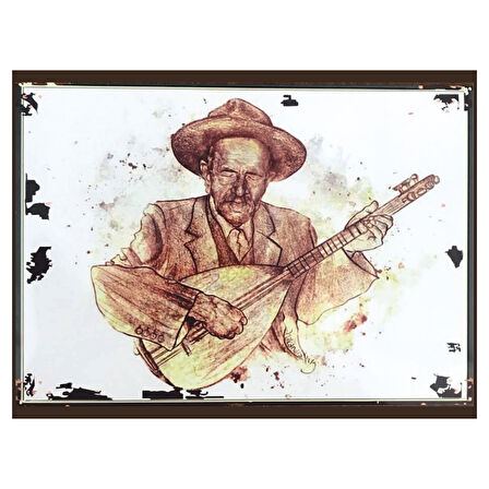 Anadolu Halk Ozanı Temalı Retro Ahşap Poster Tablo | Bağlama & Saz Duvar Dekoru