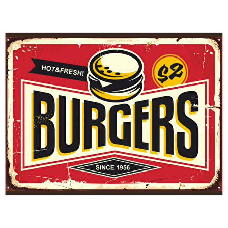 Retro Burger Temalı Ahşap Poster Tablo | Vintage Fast Food Duvar Dekoru