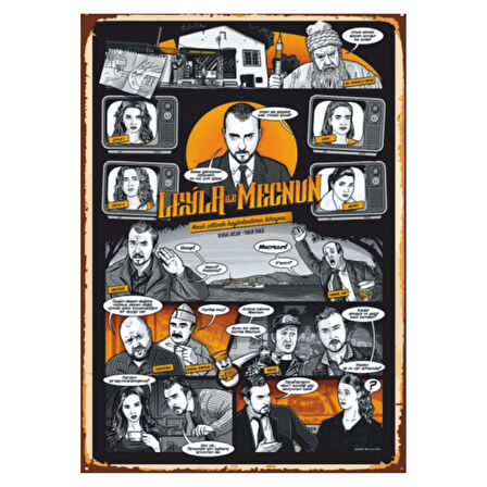Leyla ile Mecnun Replikli Karakter Kolajı Ahşap Retro Poster Tablo