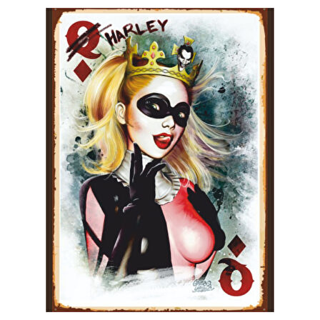 Harley Quinn Temalı Retro Ahşap Poster Tablo | Jokerli Kraliçe Çizim Dekoru