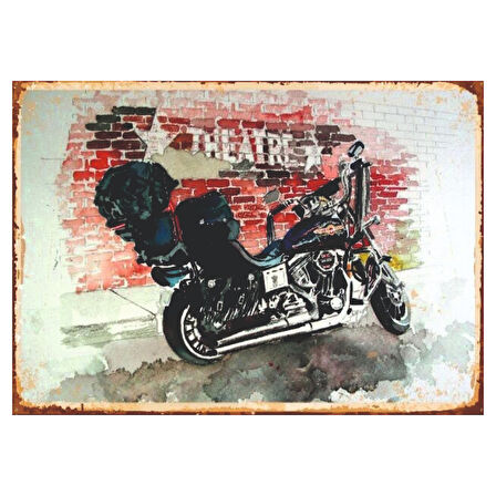 Vintage Motosiklet ve Tuğla Duvar Temalı Ahşap Retro Poster Tablo