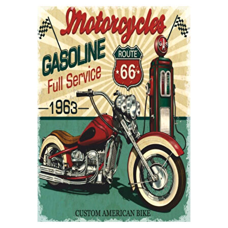 Route 66 Motosiklet ve Benzin İstasyonu Temalı Ahşap Retro Poster Tablo