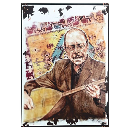 Neşet Ertaş Portresi Temalı Ahşap Retro Türk Halk Müziği Poster Tablo