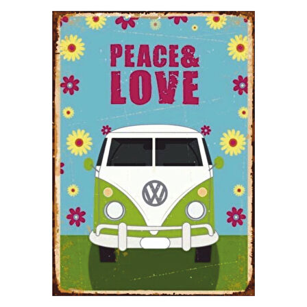 Peace & Love Retro Ahşap Tablo - Hippi Minibüs Temalı Nostaljik Tasarım