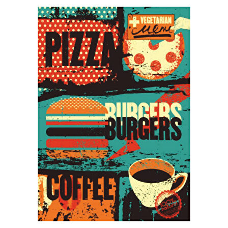 Pizza Burger Kahve Retro Ahşap Tablo - Fast Food Temalı Vintage Tasarım
