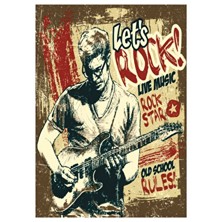 Let's Rock Retro Ahşap Tablo - Canlı Müzik ve Gitar Temalı Tasarım