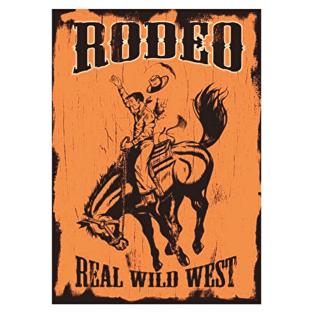 Rodeo Kovboy Temalı Retro Ahşap Tablo - Western Wild West Tasarımı