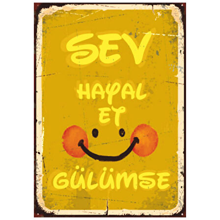 Sev Hayal Et Gülümse Retro Ahşap Tablo - Pozitif Enerji ve Motivasyon Tasarımı