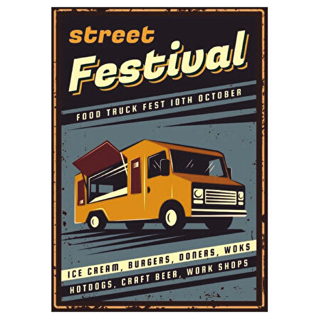 Street Festival Retro Ahşap Tablo - Food Truck ve Sokak Lezzetleri Temalı Tasarım