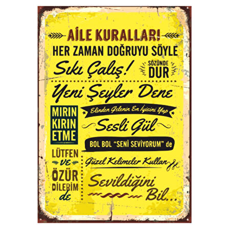 Aile Kuralları Temalı Retro Ahşap Tablo - Sevgi ve Değer Odaklı Dekor Tasarımı