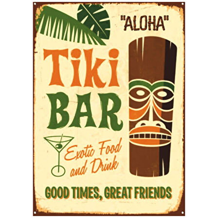 Tiki Bar Retro Ahşap Tablo - Aloha Temalı Tropikal Kokteyl & Egzotik Dekor