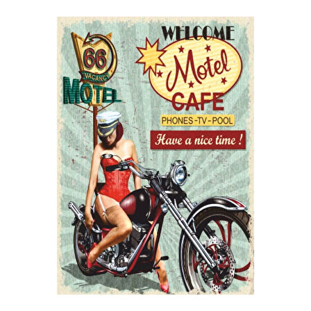 Retro Pin-Up Motel & Motosiklet Temalı Ahşap Tablo – Route 66 Vintage Tasarımı