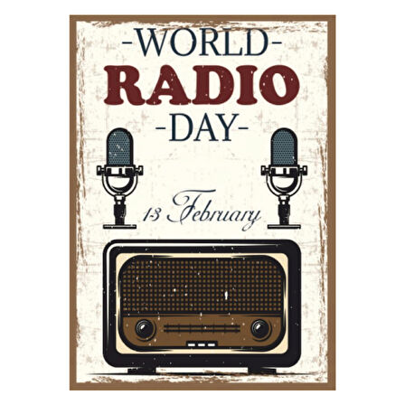 World Radio Day Retro Ahşap Tablo – 13 Şubat Radyo Günü Temalı Vintage Tasarım