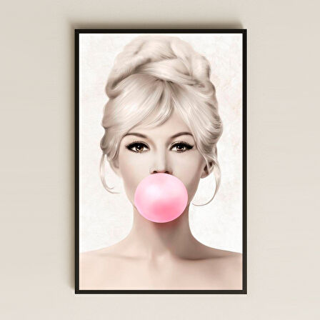 Sakız Çiğneyen Retro Kadın Portresi Şeffaf Pleksi Tablo