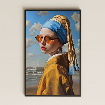 Modern İnci Küpeli Kız Sahil Portresi Şeffaf Pleksi Tablo