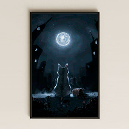 Dolunay Altında Şehirde Yalnız Kedi Dijital Sanat Pleksi Tablo