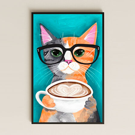 Kahve Tutan Gözlüklü Kedi Renkli İllüstrasyon Pleksi Tablo