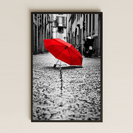 Taş Sokakta Kırmızı Şemsiye Temalı Şeffaf Pleksi Tablo