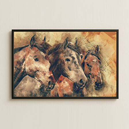 Dört At Figürlü Sanatsal Eskiz Dijital Tasarım Pleksi Tablo