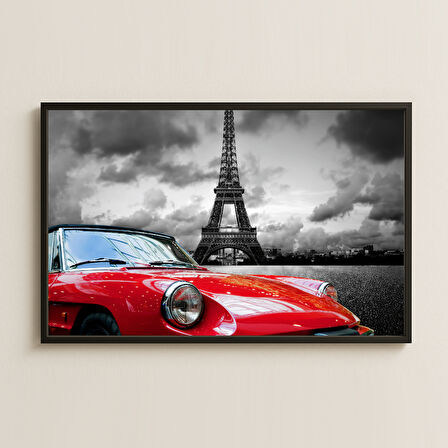 Eyfel Kulesi ve Kırmızı Klasik Araba Temalı Şeffaf Pleksi Tablo