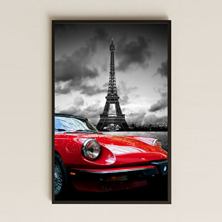Paris Eyfel ve Kırmızı Klasik Araba Temalı Şeffaf Pleksi Tablo