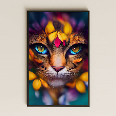 Renkli Çiçekli Kedi Portresi Dijital Sanat Pleksi Tablo
