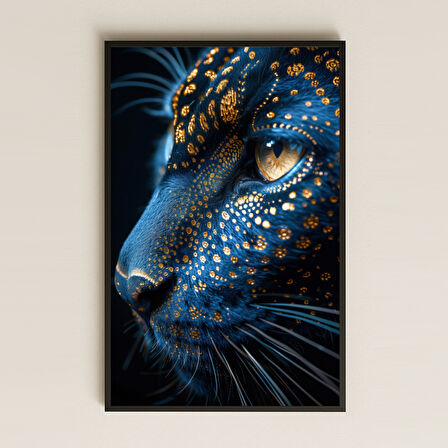 Altın Desenli Mavi Kedi Portresi Dijital Sanat Pleksi Tablo