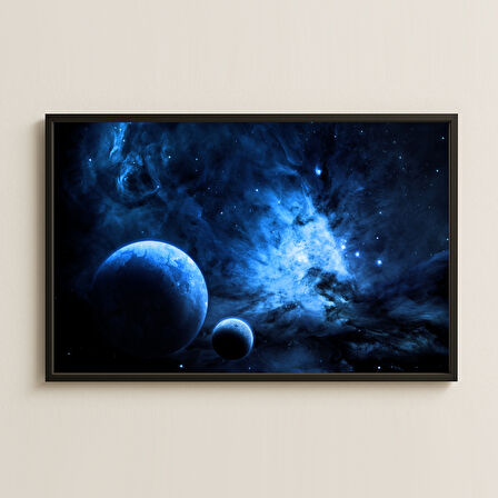 Koyu Mavi Nebula ve Gezegenler Temalı Dijital Uzay Tablosu