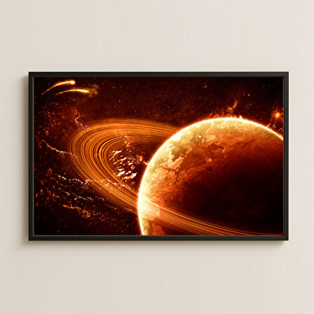 Alevli Halkalı Gezegen ve Kozmik Parıltı Dijital Uzay Tablosu