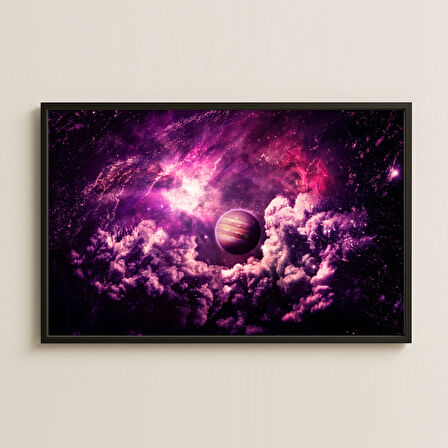 Mor Uzay Bulutları Arasında Dev Gezegen Dijital Sanat Pleksi Tablo