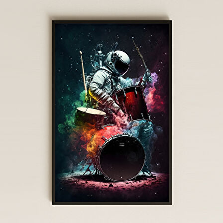 Dumanlı Sahnede Davul Çalan Astronot Pleksi Tablo - Müzikal Uzay Temalı Dekor