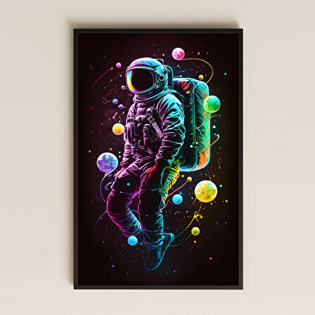 Neon Renkli Gezegenler Arasında Astronot Pleksi Tablo - Kozmik Sanat Dekoru