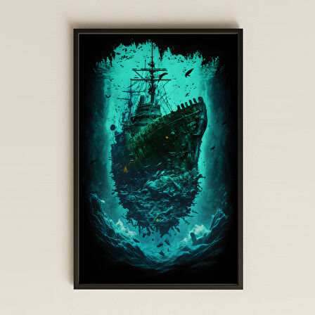 Hayalet Gemi ve Balık Sürüsü Temalı Karanlık Deniz Pleksi Tablo