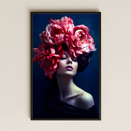Kırmızı Çiçekli Kadın Portresi Temalı Zarif Sanatsal Pleksi Tablo