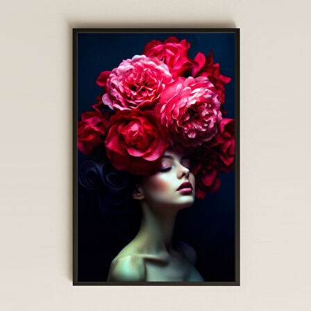Yoğun Kırmızı Çiçekli Kadın Portresi Temalı Sanatsal Pleksi Tablo