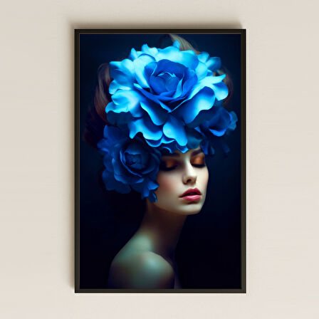 Altın Dokunuşlu Mavi Çiçekli Kadın Portresi Temalı Estetik Pleksi Tablo