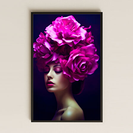 Fuşya Güllü Kadın Portresi Temalı Güçlü Sanatsal Pleksi Tablo