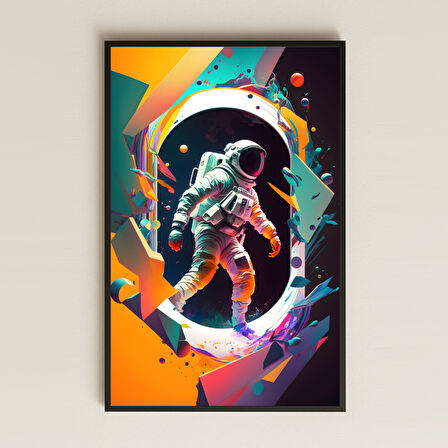 Renkli Geometrik Portaldan Geçen Astronot Pleksi Tablo - Soyut Uzay Sanatı Dekoru