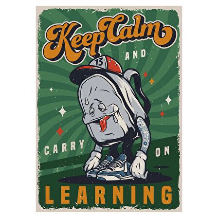 Keep Calm and Carry on Learning Retro Ahşap Poster | Mizahi Kampüs Temalı Tasarım